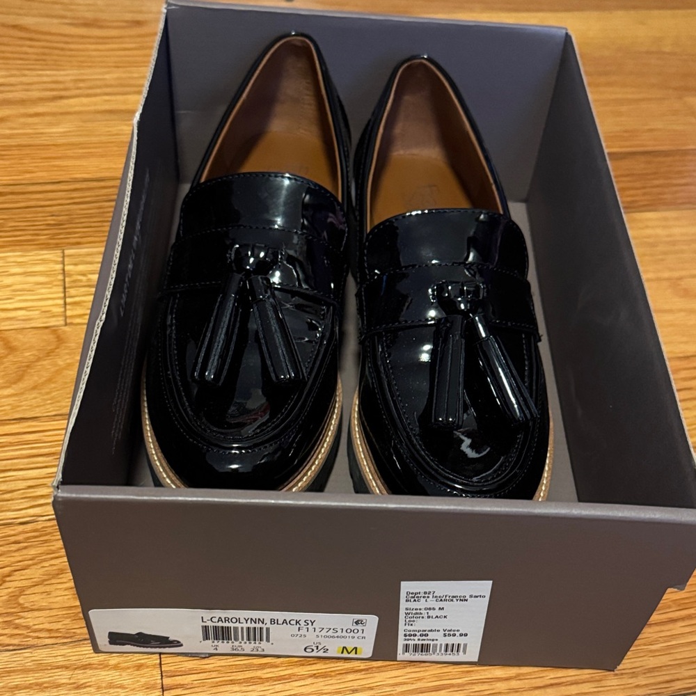 Franco Sarto Glossy Black Tassel Loafers